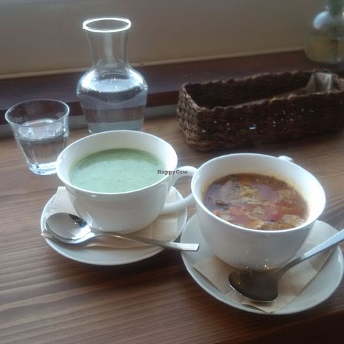 The amazing cream of spinach soup and the minestrone soup at Veg Out in Kyoto
