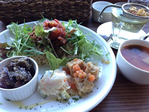 Taco plate served with grilled aubergines, potato salad
and miso soup at Veg Out in Kyoto