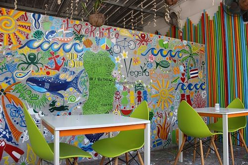 Great fun vibe!  Shady side of the street at VegetaBowl in Koh Tao