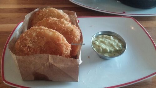 Fried green tomatoes and avocado sauce at Founding Farmers in Potomac