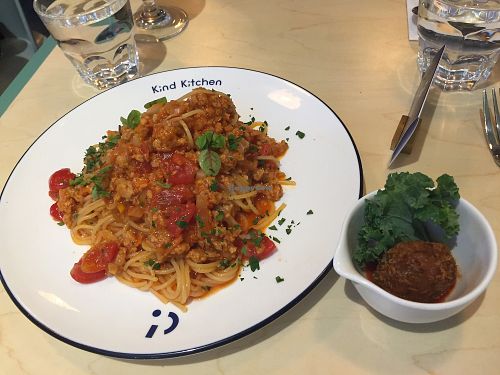 Omnipork - spaghetti bolognese and free tester of veg meatball at Green Common Kind Kitchen - Nan Fung Place in Hong Kong Island