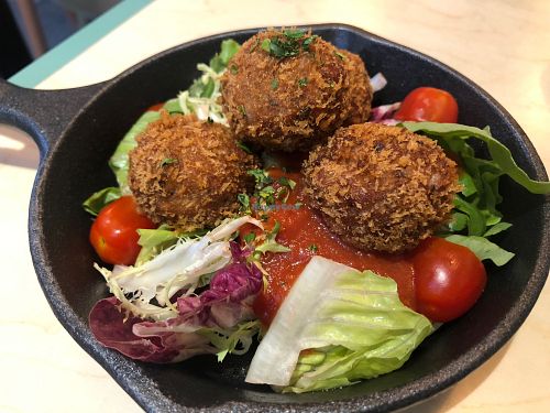Amazing Omnipork Ball (Deep Fried Omnipork Meat Ball served with Homemade Tomato Sauce) at Green Common Kind Kitchen - Nan Fung Place in Hong Kong Island