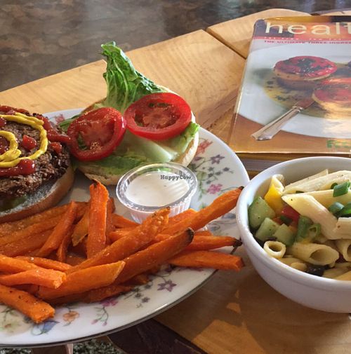 Pasta Salad and Village Burger  at The Tin Thistle Garden Cafe in North Bend