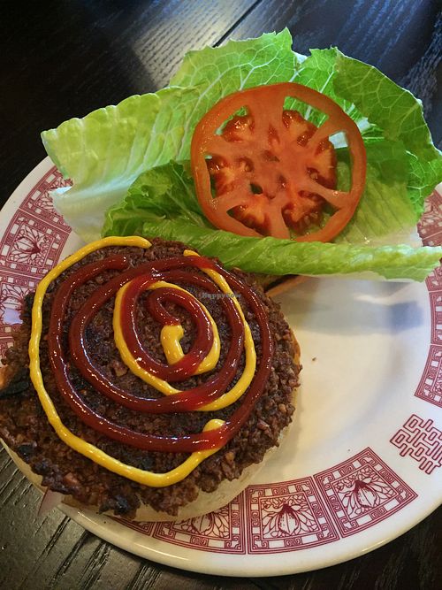 House-made vegan burger at The Tin Thistle Garden Cafe in North Bend