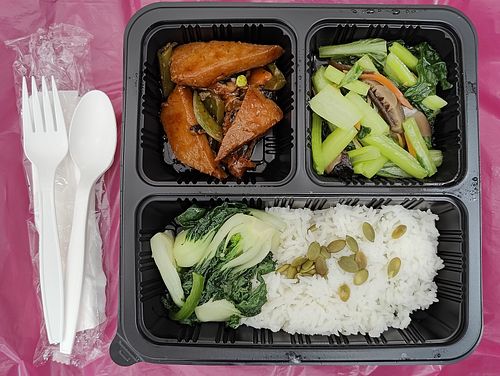 Bento set for lunch on Day 2 of retreat at Supreme Vege 善心缘 - Bras Basah in Central Singapore
