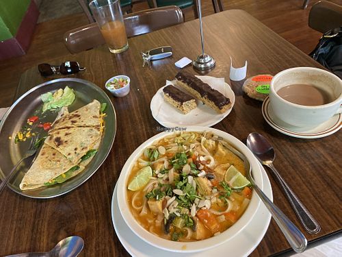 Vegan pad Thai, quesadilla, biscotti, mocha, black orange mint tea and a chocolate chip cookie. Delicious! at Annapurna's World Vegetarian Cafe - UNM in Albuquerque