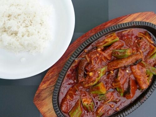 Sambal fish rice on hot plate at Fortune Tree Vegetarian Food Stall in Central Singapore