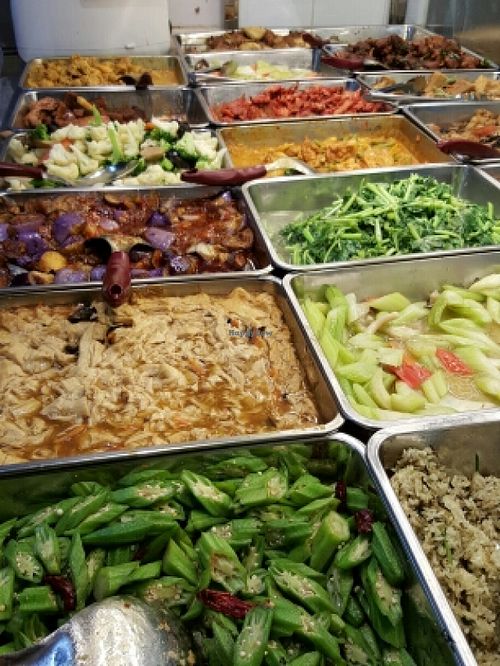colorful dishes at Fortune Tree Vegetarian Food Stall in Central Singapore