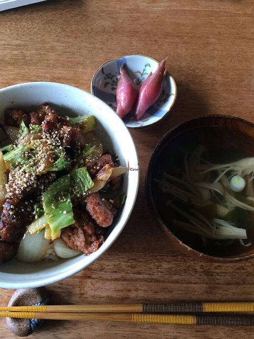 Soy meat rice bowl with soup at Kally in Gujo