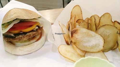 mushroom burger with fried potato at Rice Burger Haimiso - 하이미소 in Seoul