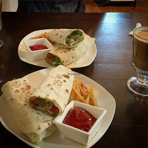 yummy soy latte and falafel wraps with fries at Chocolate Bar in Bishkek