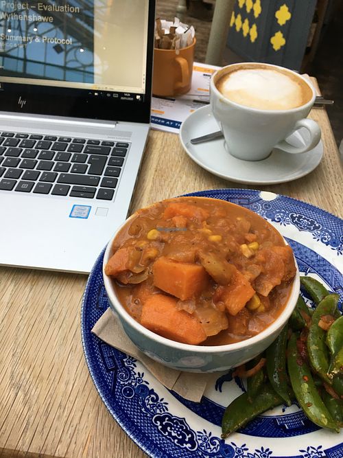 Veggie stew w/ side salad & soya latte at Oak Street Cafe in Manchester