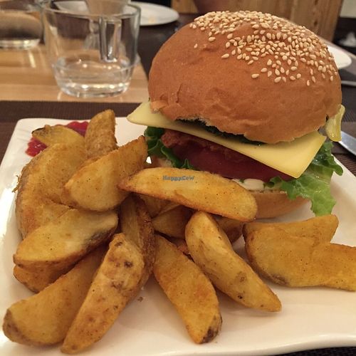 Burger with potato wedges  at Cloud Kitchen in Beijing