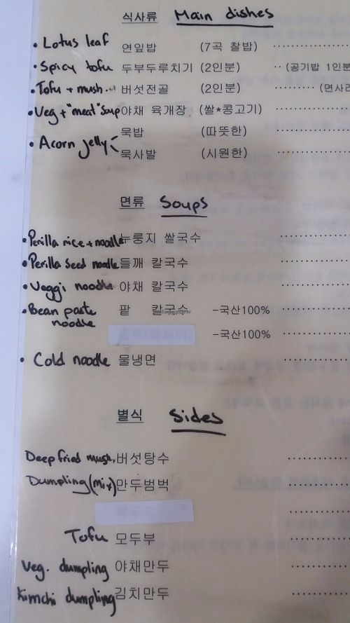 Roughly translated menu at Chorokddeul Green Field - 초록뜰식당 in Seoul