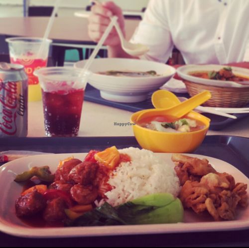 sweet sour 'pork', white cabbage soup and 'mutton' potato curry at Vegan Paradise Food Stall in East Singapore
