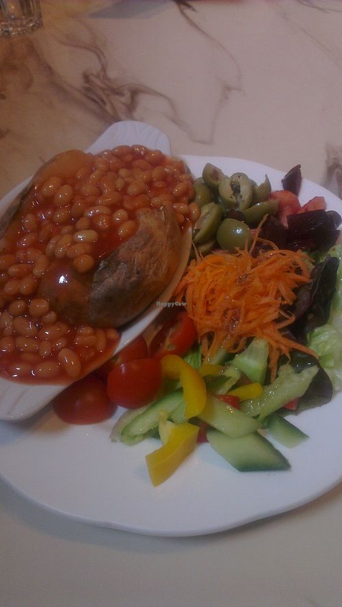 Baked potato with beans and green olives at Pimento Tea Rooms in Lincoln
