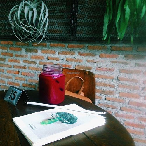 Beetroot and spinach smoothi. The background is 2nd flr scene. at Broccoli Revolution - Sukhumvit Rd in Bangkok