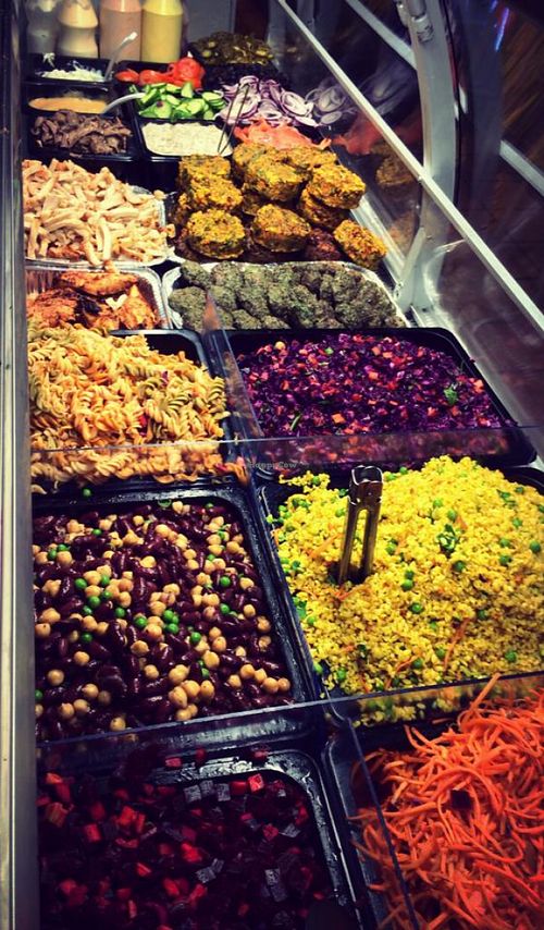 Variety of fresh salads. The salads sometimes change, but there is always hummus and tzatziki :) at HAPS in Copenhagen