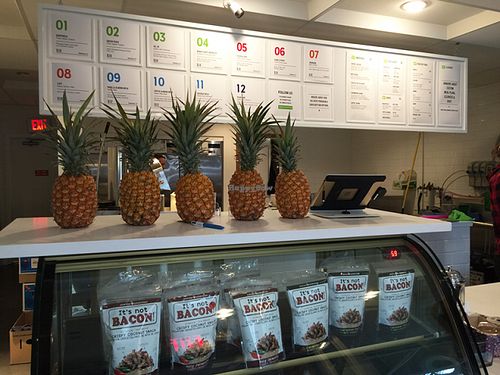 Menu and juice bar at Commodity Juicery. at Commodity Juicery in Vancouver