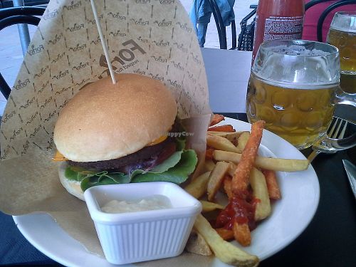 Cheezeburger, fries, mayo, and beer. at Forky's - Jakubské Nam. in Brno