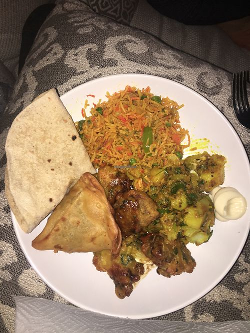 take out of vegan samosas,pakora,aloo masala,veg biryan and roti at Chaat Paradise in Roseville