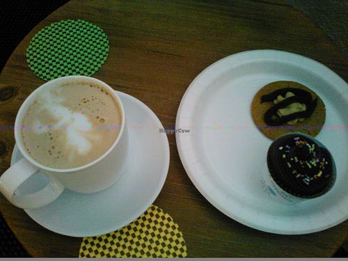 Vegan Cappuccino with Chocolate Muffin & Peanut Butter Cookie. at New Leaf Cafe in Tampa