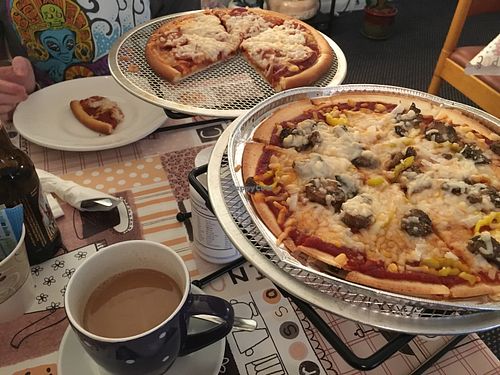 Pepperoni pizza and gluten free veggie pizza, chai latte at New Leaf Cafe in Tampa