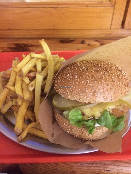 vegan cheese chicken burger with fries at Yellow Sunshine in Berlin