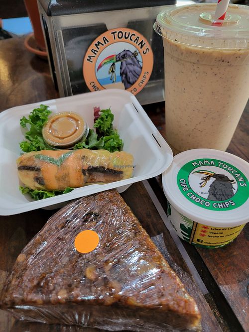 Some of their vegan options... Vegan roll, vegan banana bread, vegan protein smoothie and vegan ice cream at Mama Toucan's Organic and Natural Food Store in Dominical
