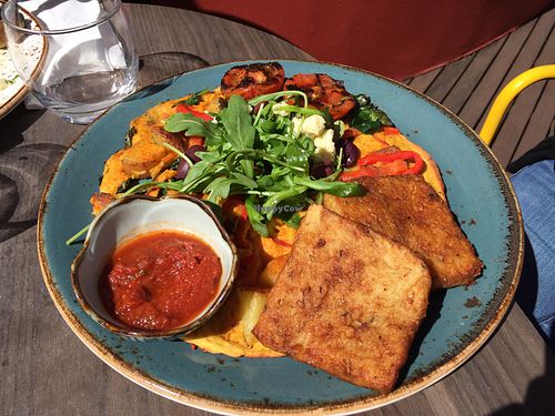 Spanish chickpea omelette with a side of hash browns - delicious! at Power Plant Cafe in Templestowe