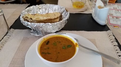 Yellow dalh with onion kulchar at Aniyor Vegetarian Restaurant in Kathmandu