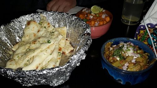 Chana masala and garlic naan  at Aniyor Vegetarian Restaurant in Kathmandu
