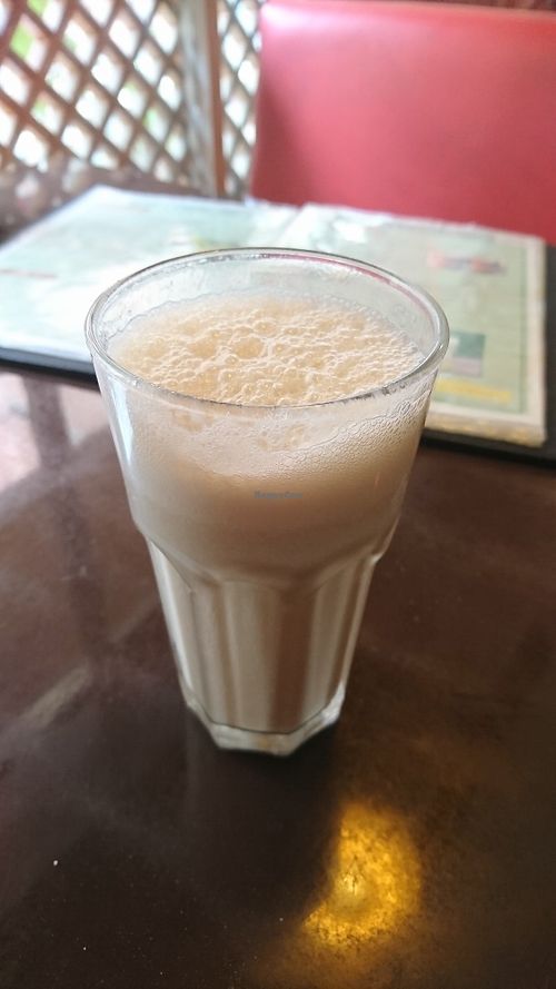 Delicious big vegan banana lassi at Aniyor Vegetarian Restaurant in Kathmandu