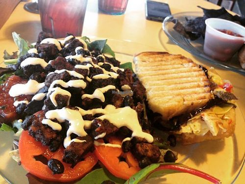 Dinner combo-1/2 vegan tempeh taco salad and 1/2  pesto panino with mushrooms, eggplant, and artichokes.  at InfusionTea in Orlando