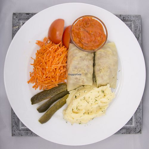 Vegan brown rice and beetroot stuffed cabbage rolls at HBH Vilnius in Vilnius