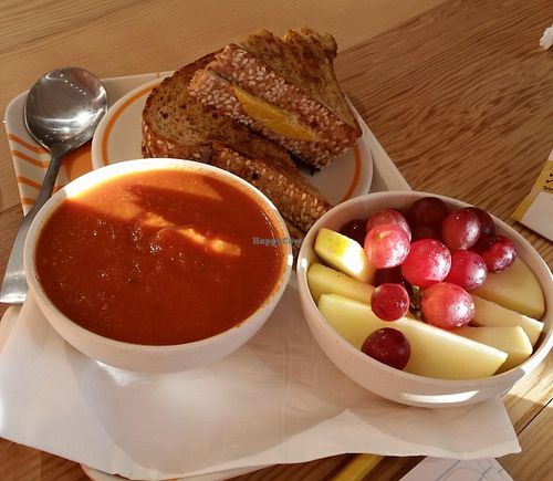 kid's meal: grilled cheese, tomato soup, and fruit at Next Level Veggie Grill - Hawthorne in Portland