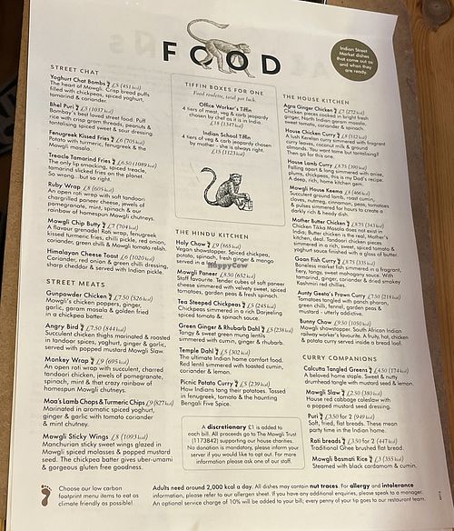 Menu August 2022  at Mowgli in Manchester