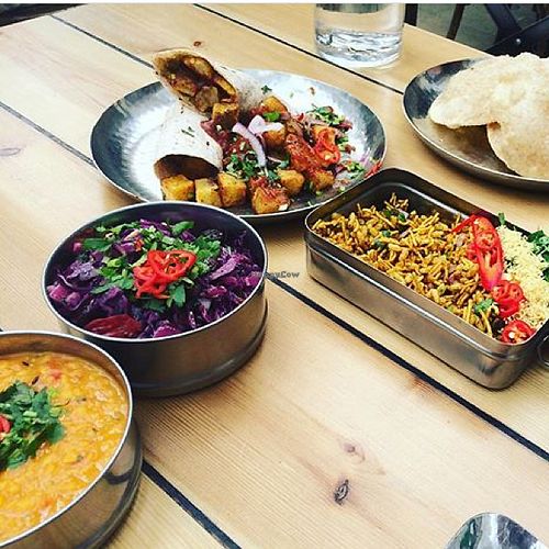 A few things from the vegan menu (temple dahl, coleslaw, behl puri, chip butty, puri) at Mowgli in Manchester