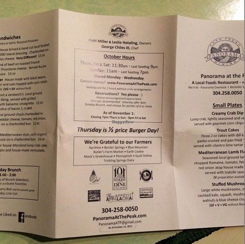 menu as of October 15 2015 at Panorama at the Peak in Berkeley Springs