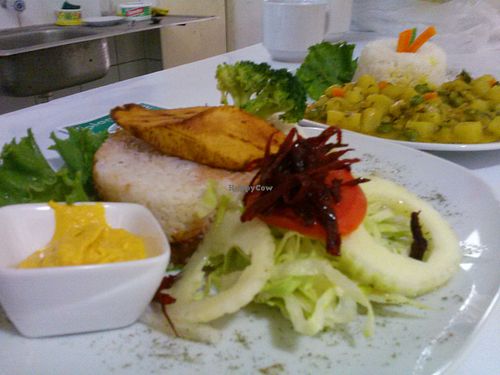 Arroz Tapado a la Cubana and Veggie Cau Cau at Plantbased Restaurant in Lima