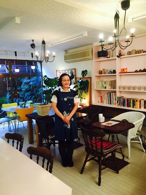 This is Meilien (Belien) the owner of this great new Vegetarian and all Vegan restaurant, in Tachikawa Tokyo, Japan. The food and service is excellent, English, Japanese, Taiwanese and Chinese spoken.  at Seven Bells Cafe in Tachikawa