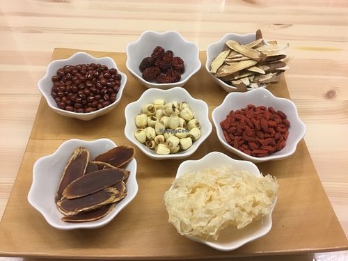 Showing the different herbs used in the Kam Po soup.  at Seven Bells Cafe in Tachikawa