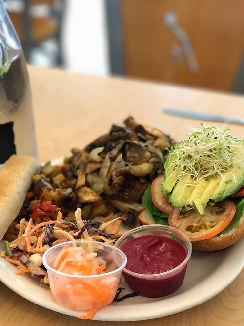 Sweet potato quinoa burger. Topped with avocado, sprouts, tomato, spinach, and mushrooms/ onions. Served with fresh slaw covered in a ginger coconut dressing and a delicious house made beet ketchup! at Wild Rabbit Cafe and Health Bar in Flagler Beach
