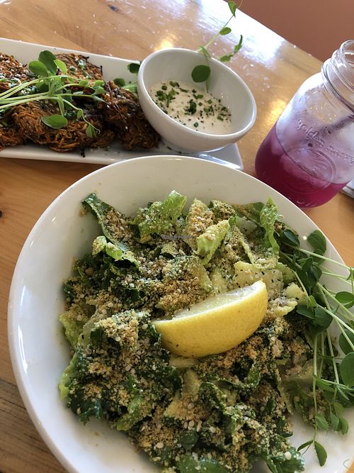 Kale Caesar and sweet potato latkes at Bliss Kitchen in Waterdown