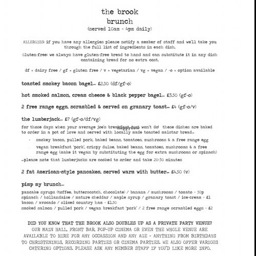 Brunch Menu at The Brook in East London