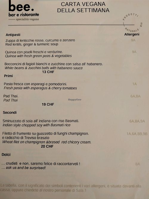 vegan menu at Bee in Lugano