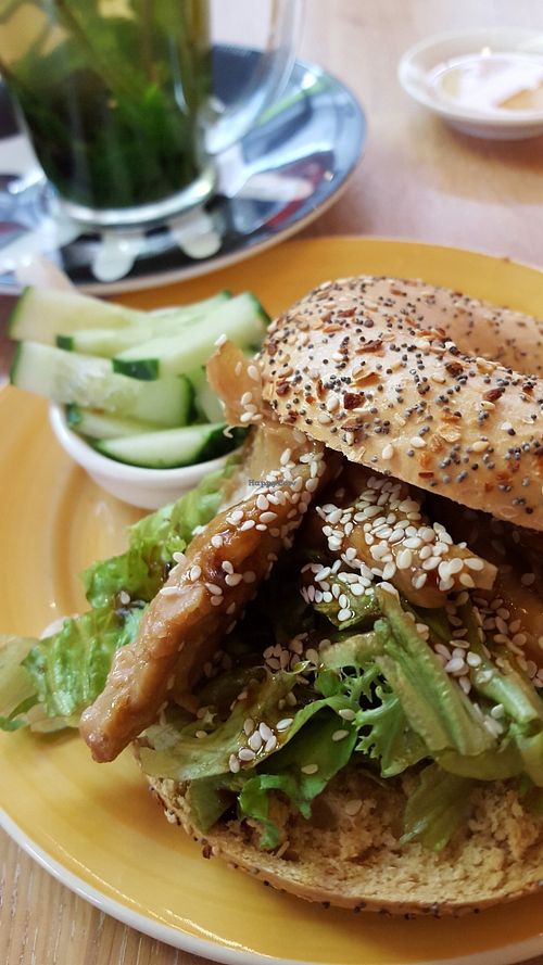 Vegetarian ch*kn bagel (faux meat)  at Bagels & Beans in Hoofddorp