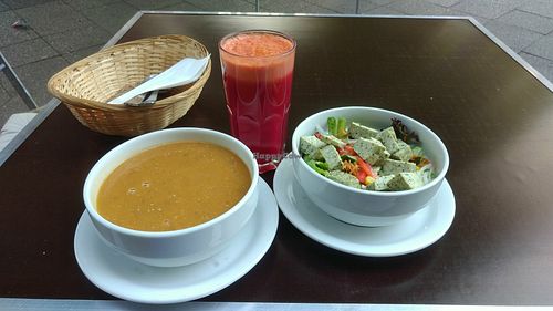 Lentil-soup, fresh pressed juice aka power drink and a small salad with tofu. 12€ at Radieschen  in Berlin