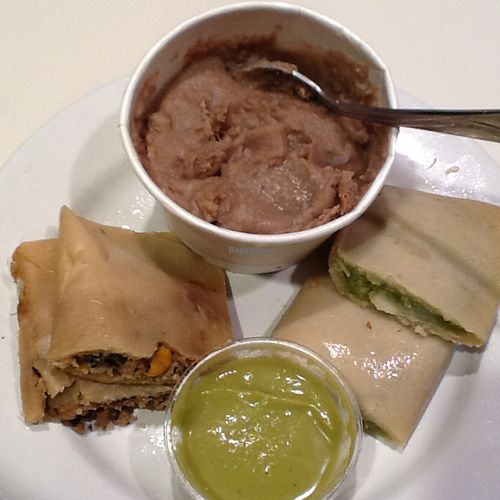 Guudbelly's tamales for Sunday brunch. Picadillo & Creamy Spinach Mash tamales, Diablo salsa & Caro beans. at Guudbelly in Houston