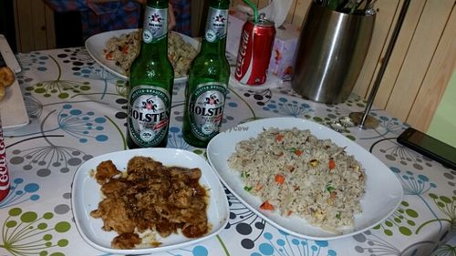 combination rice & chilli lemon grass chicken. non alcohol beer $3, coke $1. at Inala Vegan Restaurant in Inala